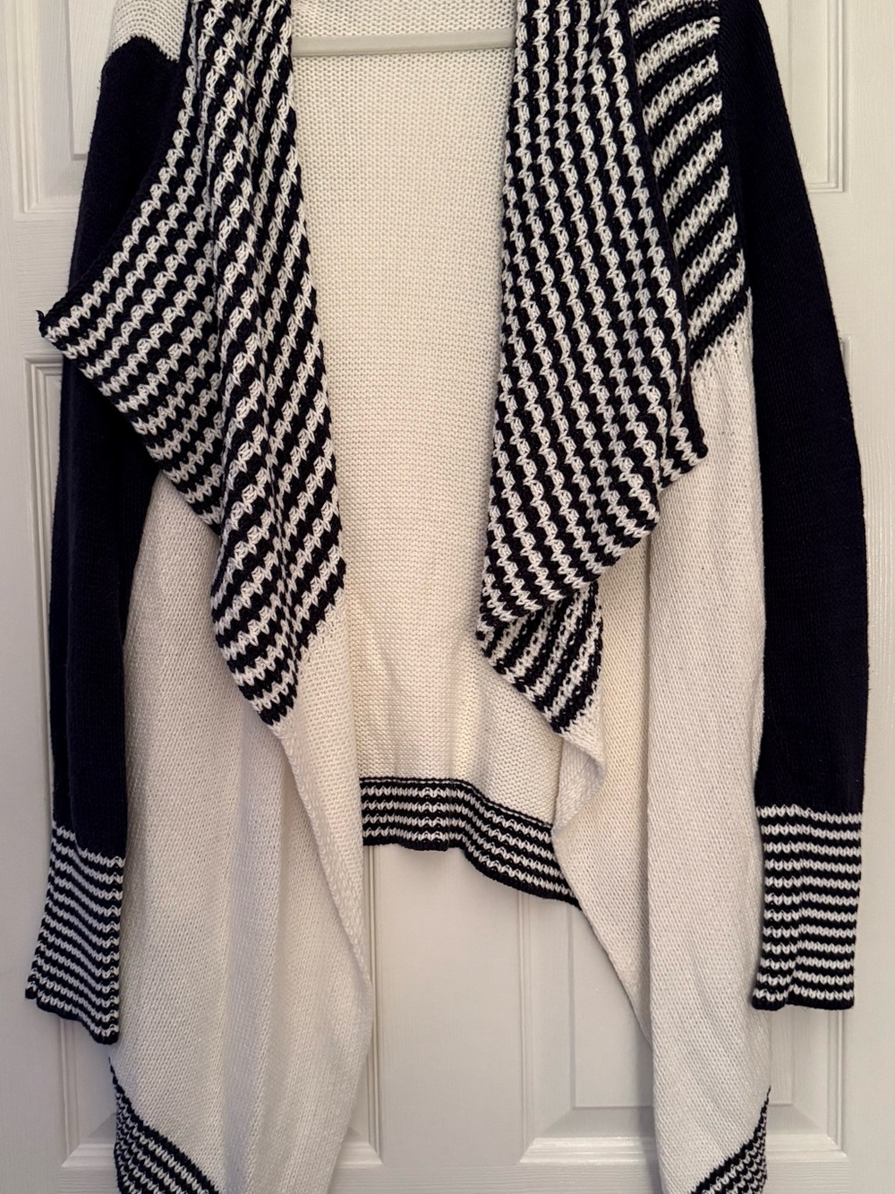 Women’s Open Front Navy & White Striped Draped Sweater